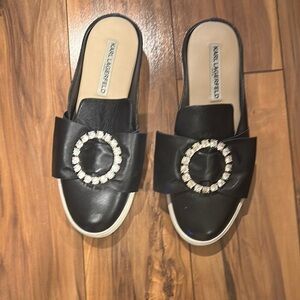 Karl Lagerfeld Black Women's Leather Upper Slip-On Shoes/Mules